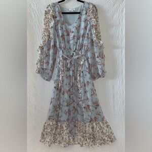 By the River Floral Ruffle Detail Long Sleeve Midi Dress